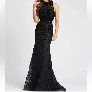 Mac Duggal Jet Black Flower Embellished Sequined Beaded Dress Mermaid Size 14